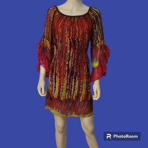 URBAN MANGOZ Fairycore Beaded Flare Sleeve Chiffon Tie Back Artsy Festival Dress